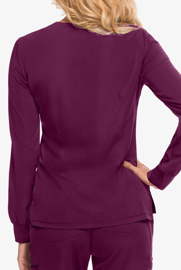 HH Works by Healing Hands Megan Women's 4-Pocket STRETCH Round Neck Warm-Up Scrub Jacket - Wine - 2