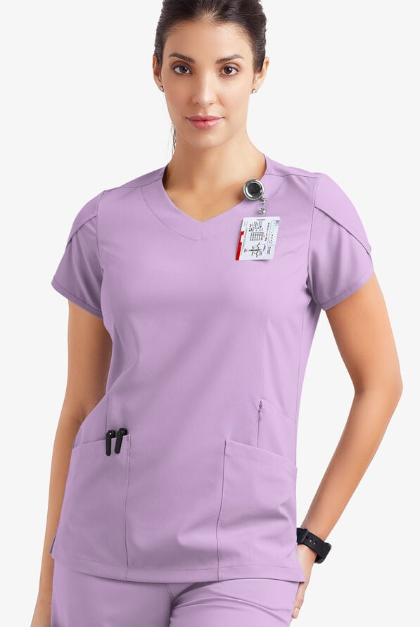 Easy STRETCH Daisy Women's 4-Pocket V-Neck Scrub Top with Petal Sleeves - Amethyst Mist - 3