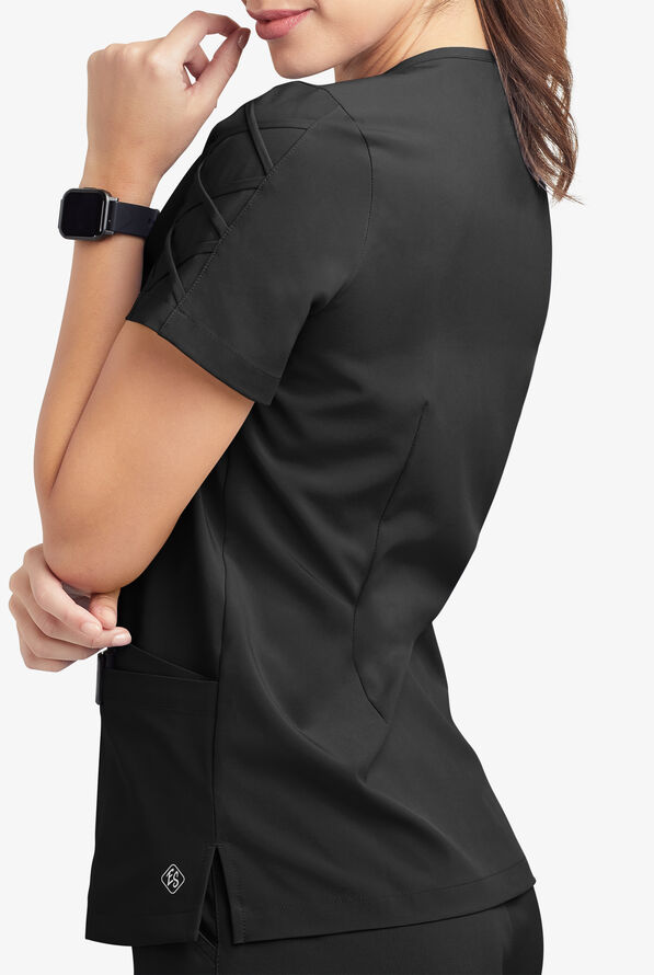 Easy STRETCH Kylie Woman's 5 Pocket V-Neck With Criss-Cross Detail Scrub Top - Onyx Black - 7