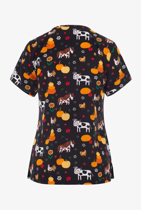 Zoe & Chloe Fall for Y'all Farm Women's 2-Pocket STRETCH V-Neck Print ScrubTop - null - 2