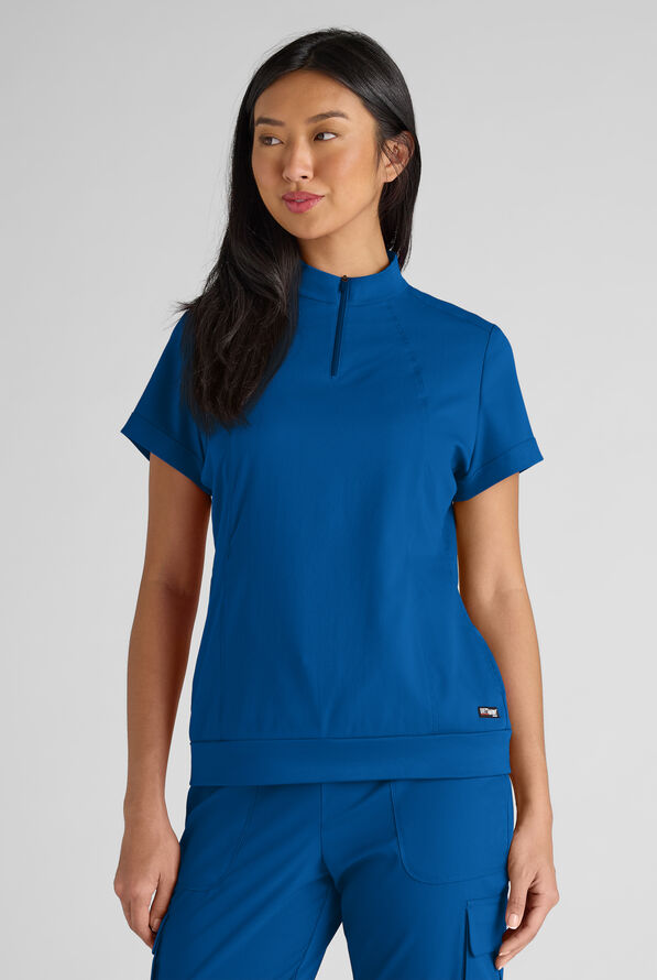 Grey's Anatomy by Barco Emerge Rowen Women's 2-Pocket STRETCH Banded Bottom Zip Scrub Top - Royal - 1