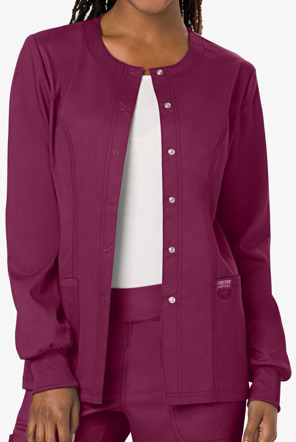 Cherokee Workwear Revolution Women's 3-Pocket STRETCH Snap Front Scrub Jacket - Wine - 2