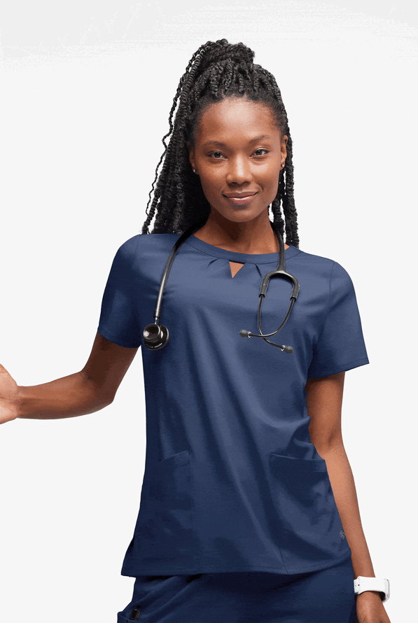 Blusa m&eacute;dica Easy STRETCH Salma con cuello ojo de cerradura y 3 bolsillos para mujer - Navy - 4