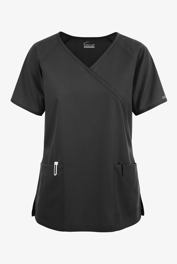 Butter-Soft Originals Women's 3-Pocket Mock Wrap Scrub Top - Black - 1