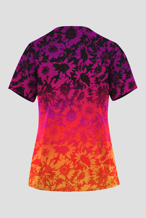 Easy STRETCH Sunflower Dusk Onyx Women's 2-Pocket V-Neck Print Scrub Top - null - 2