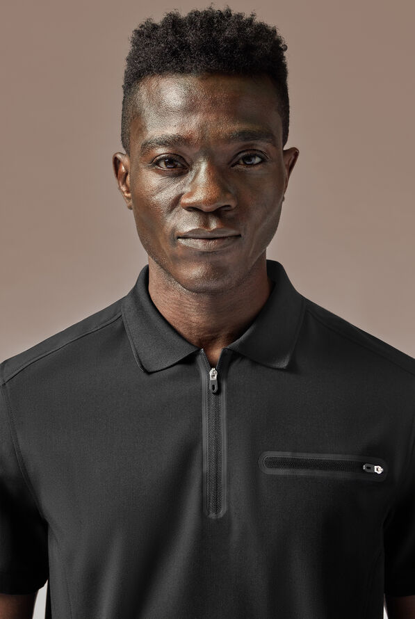 Hypothesis Alpha System Men’s 1-Pocket Zip Neck Polo Scrub Top - Jet Black - 4