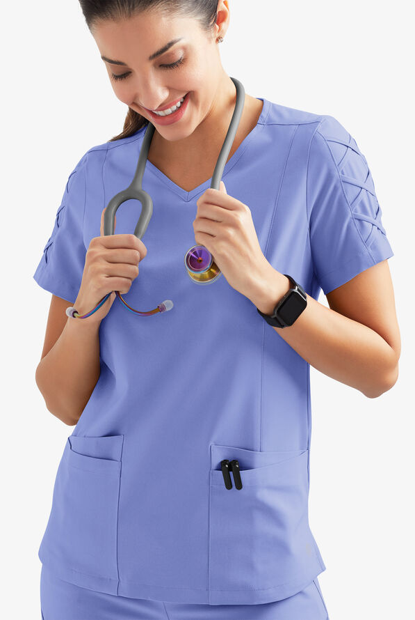 Easy STRETCH Kylie Woman's 5 Pocket V-Neck With Criss-Cross Detail Scrub Top - Ceil Blue - 3