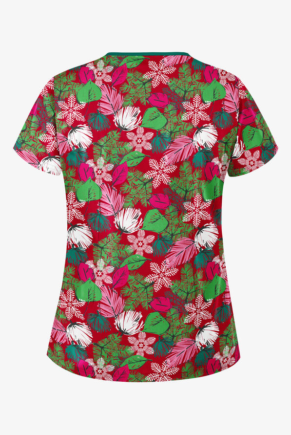 Butter-Soft Christmas Frost Red Women's 4-Pocket Princess Seam Print Scrub Top - null - 2