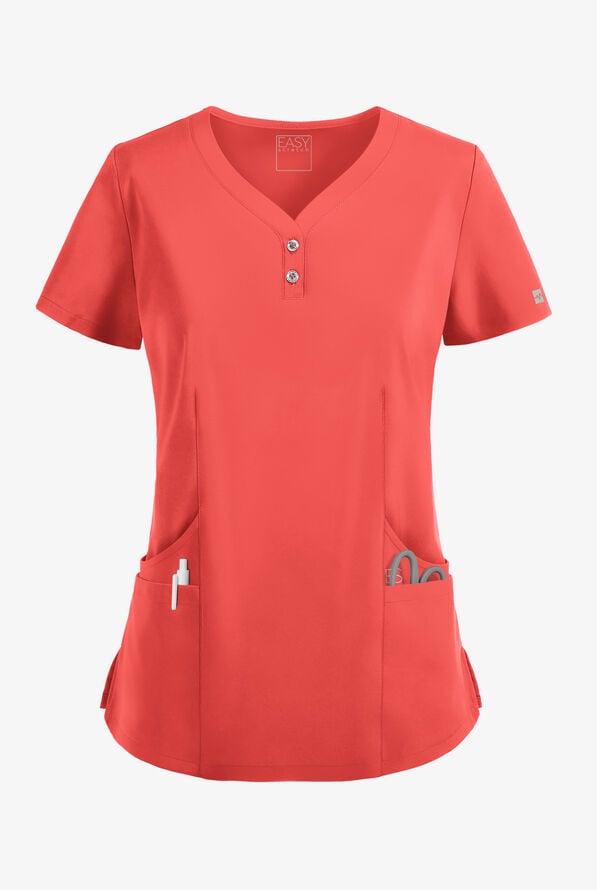 Blusa m&eacute;dica Easy STRETCH Demi estilo Henley con 4 bolsillos para mujer - Spiced Coral - 1