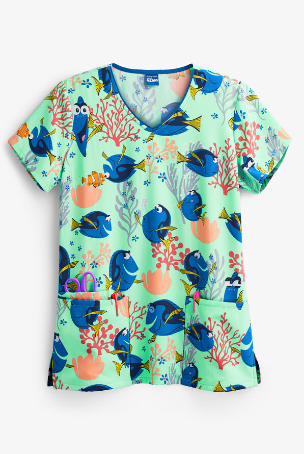 Cherokee Tooniforms Disney Dory State of Mind Pixar Women's 3-Pocket V-Neck Print Scrub Top - null - 1
