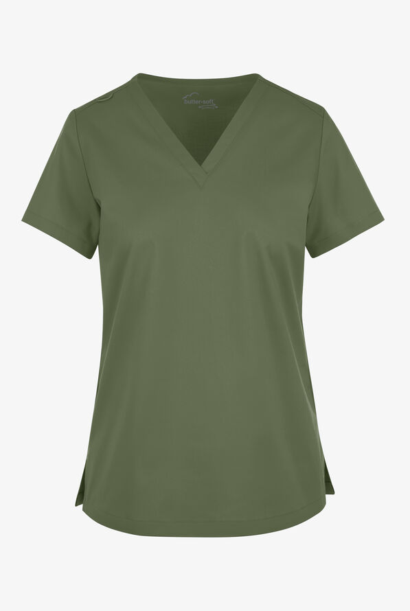 Butter-Soft STRETCH Women's V-Neck Tuck In Top - Light Olive - 1