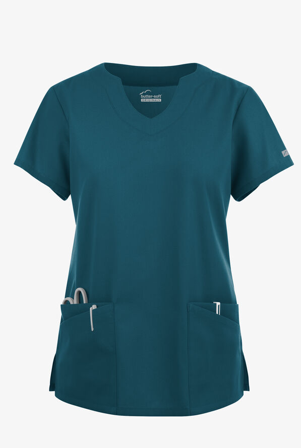 Blusa médica Butter-Soft Originals con cuello festoneado y 6 bolsillos para mujer - Caribbean Blue - 1