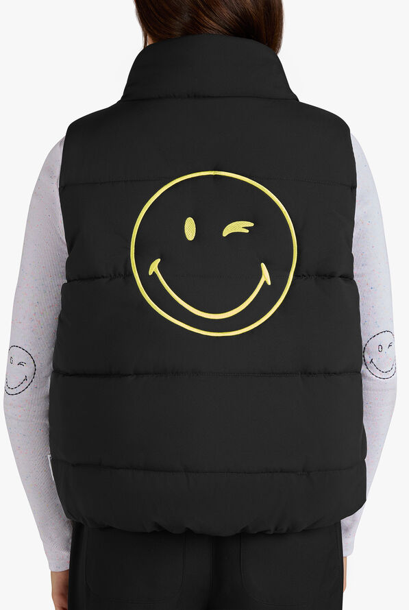 koi Smiley World Delighted Women's 2-Pocket Smiley Embroidered Zip Front Puffed Scrub Vest - Black - 2