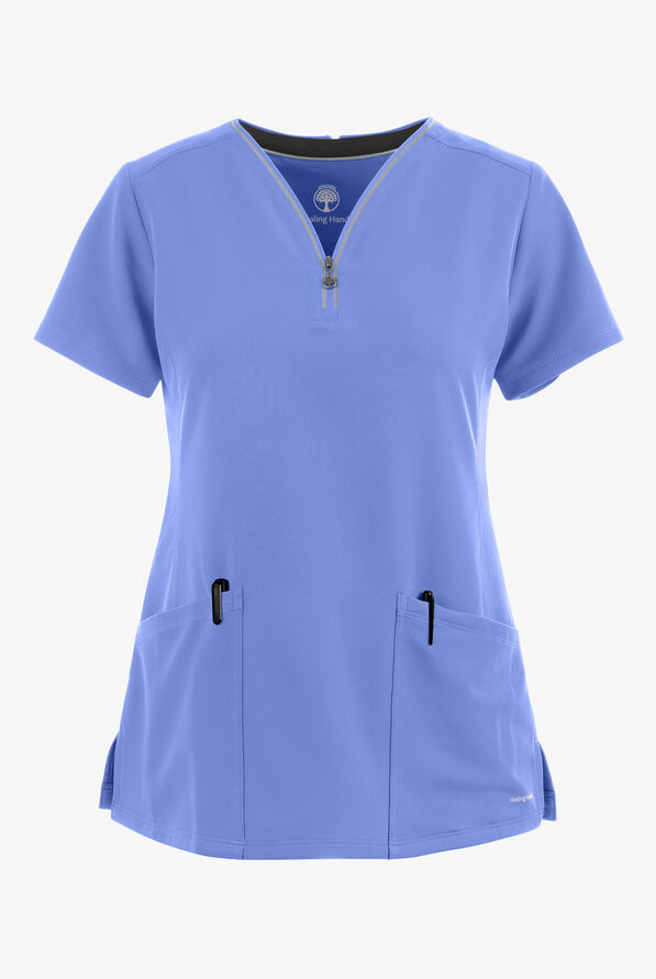 Healing Hands 360 Sonia Women's 3-Pocket STRETCH Reflective Y-Neck Zip Scrub Top - Ceil Blue - 1