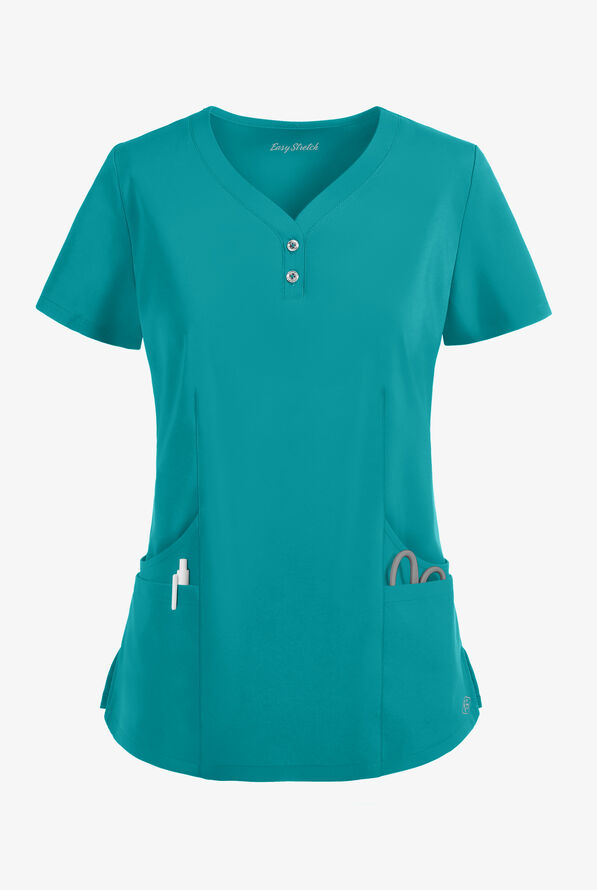 Easy STRETCH Demi Women's 4-Pocket Henley Scrub Top - Teal - 1