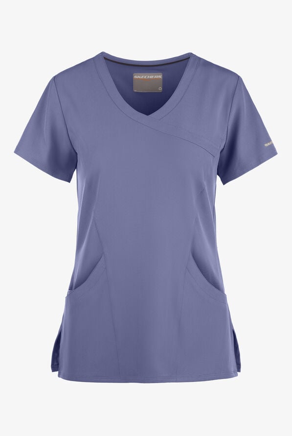 Skechers by Barco Reliance Women's 3-Pocket STRETCH Mock Wrap Scrub Top - Ceil Blue - 1