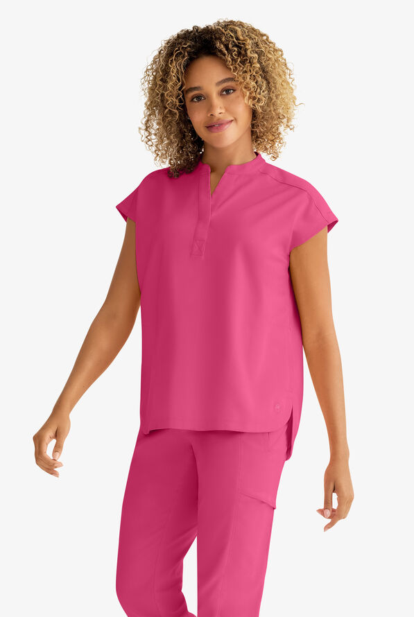 Healing Hands Purple Label Journey Women's 2-Pocket STRETCH Dolman Sleeve Mandarin Collar Scrub Top - Shocking Pink - 3