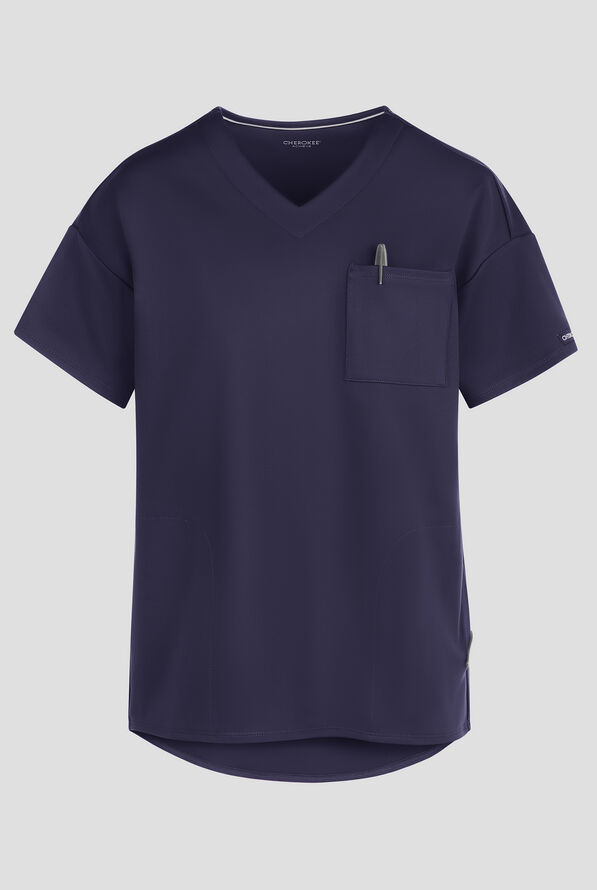 Cherokee Achieve Women's 3-Pocket  STRETCH Tunic V-Neck Knit Scrub Top - Navy - 1