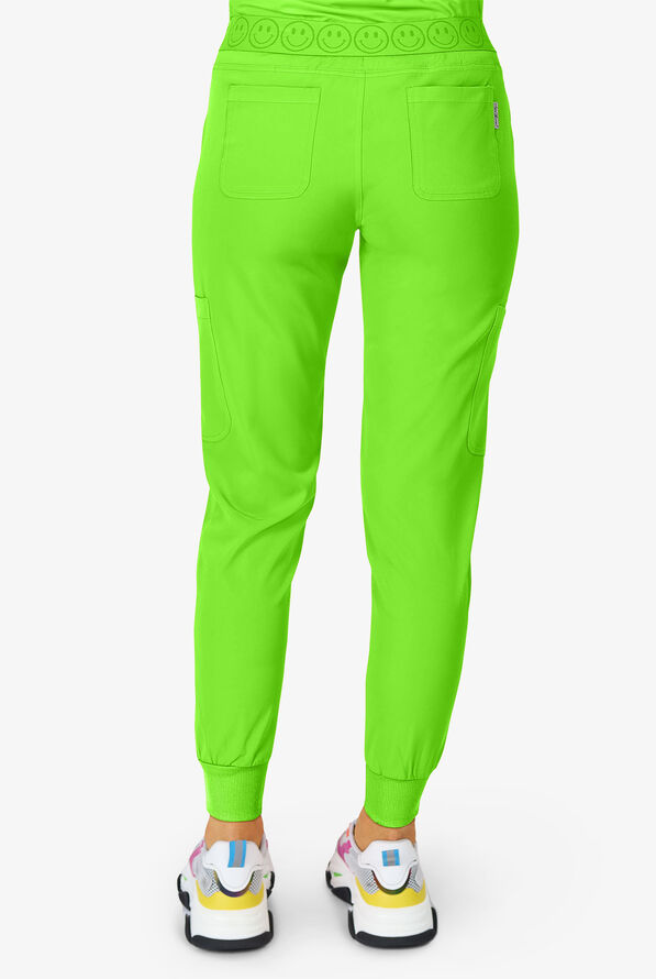Zavate Ava Therese Women's 6-Pocket STRETCH Smile Face Elastic Waistband Cargo Jogger Scrub Pants - Petite - Electric Green - 3