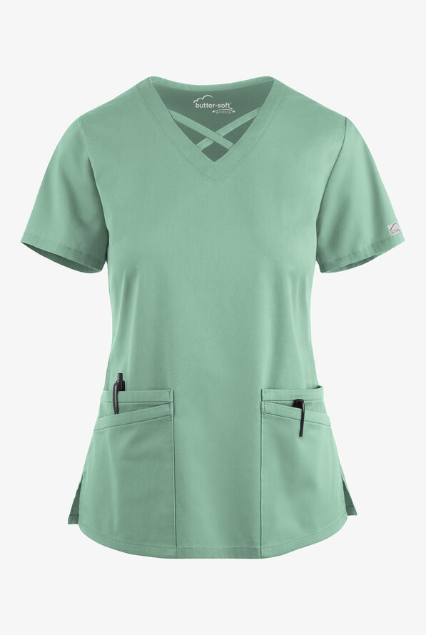 Blusa m&eacute;dica UA Butter-Soft STRETCH con lazos entrecruzados y 4 bolsillos para mujer - Water Mint - 1