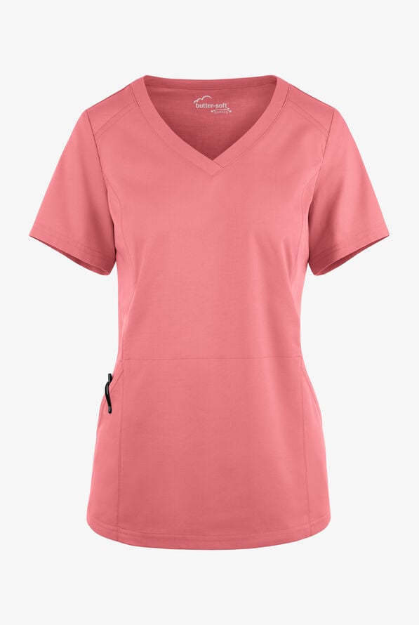 Blusa m&eacute;dica UA Butter-Soft STRETCH con detalle tejido y 3 bolsillos para mujer - Guava Fizz - 1