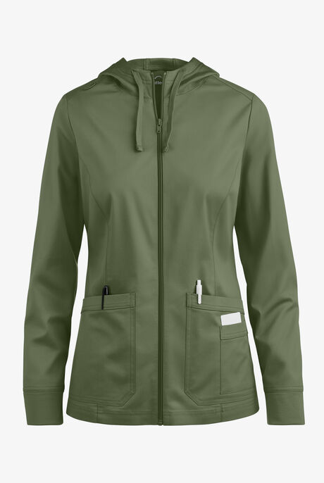 Butter-Soft STRETCH Women's 3-Pocket Zip-Front with Cozy Knit Hood and Trim Scrub Jacket