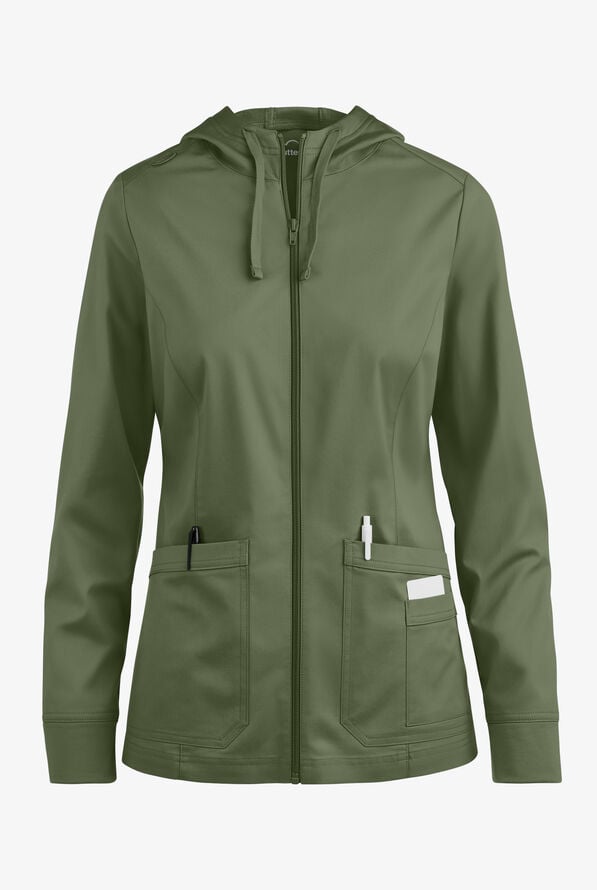 Butter-Soft STRETCH Women's 3-Pocket Zip-Front with Cozy Knit Hood and Trim Scrub Jacket - Light Olive - 1