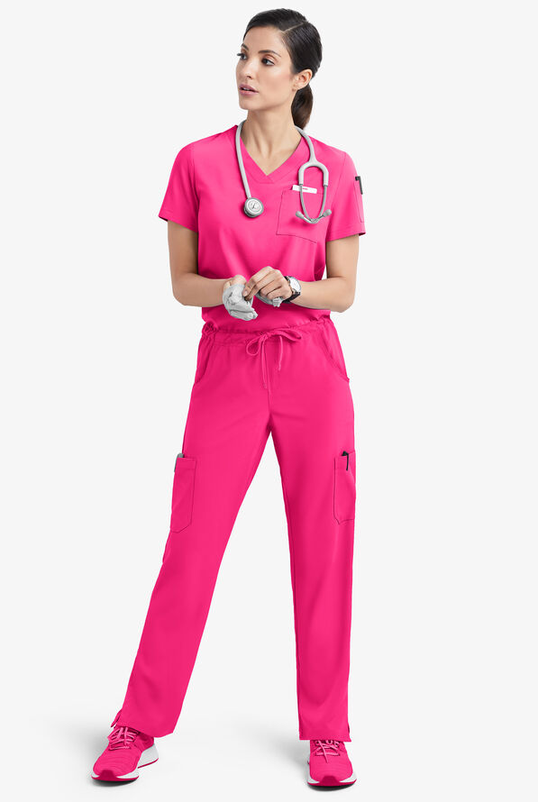 Easy STRETCH Chloe Women's 3-Pocket V-Neck Tuck-In Scrub Top - Reactive Pink - 2