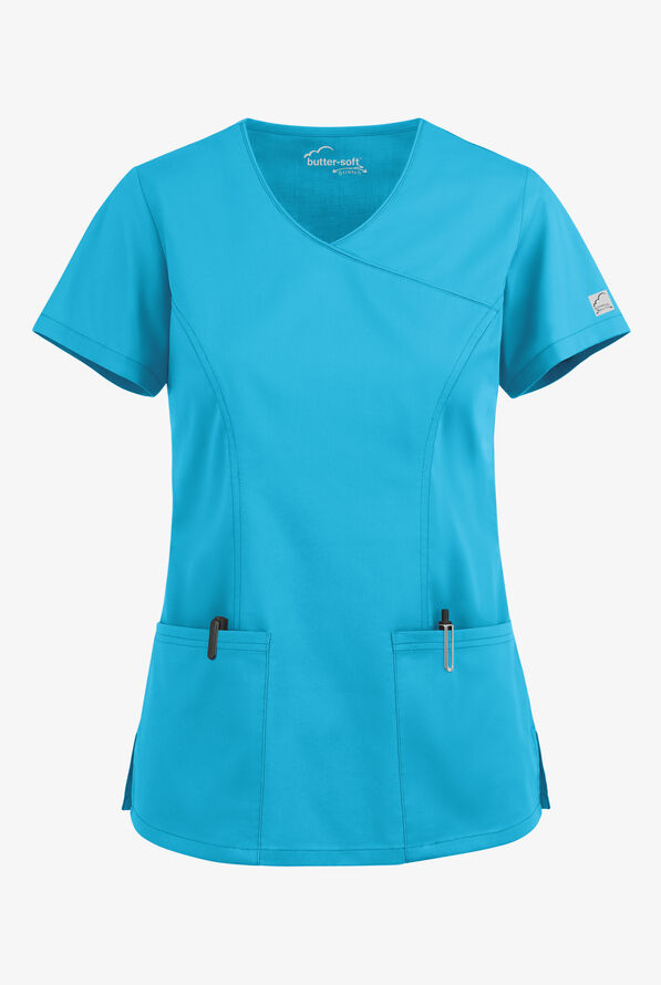 Butter-Soft STRETCH Women's 3-Pocket V-Neck Mock Wrap Scrub Top - Turquoise - 1