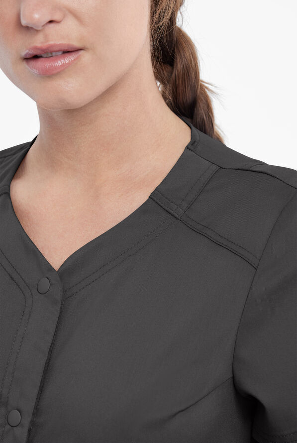 Cherokee Workwear Revolution Women's 4-Pocket STRETCH Snap Front Scrub Top - Pewter - 3
