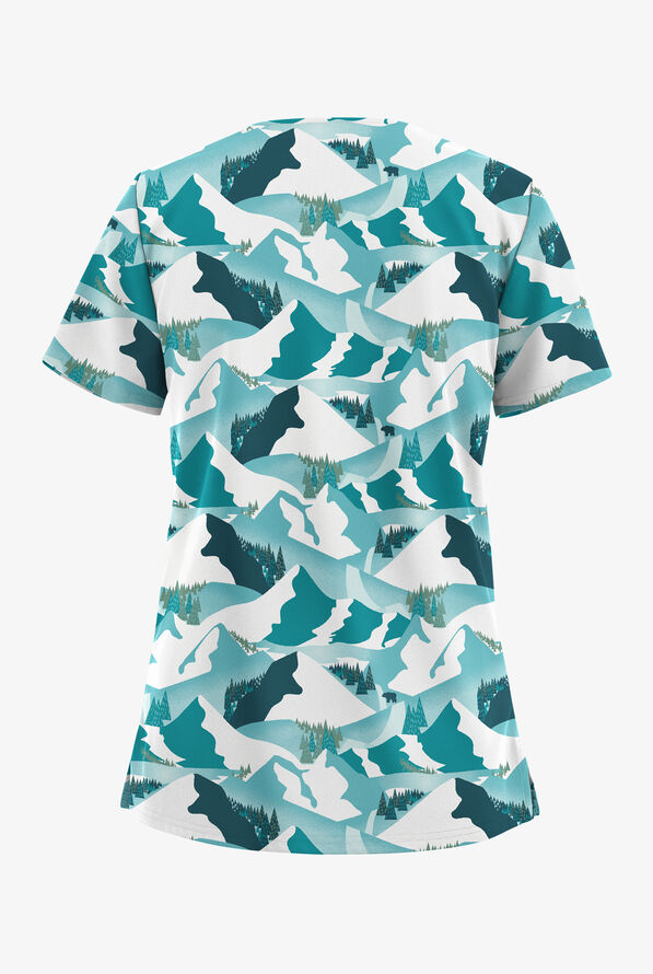 Blusa médica estampada Butter-Soft STRETCH Vail Valley Caribbean Blue con cuello en V y 2 bolsillos para mujer - null - 2