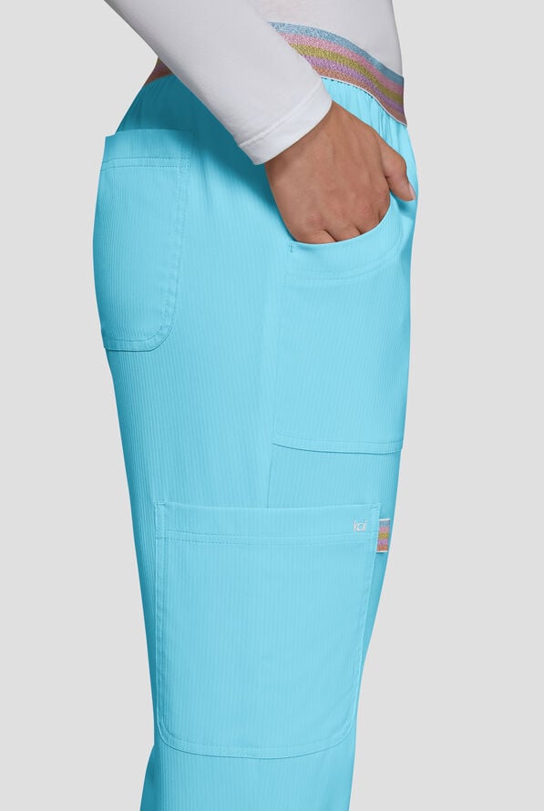 koi Lite&trade; Willow Women's 5-Pocket Rainbow Shimmer Trim Straight Leg Cargo Scrub Pant - Sky - 4