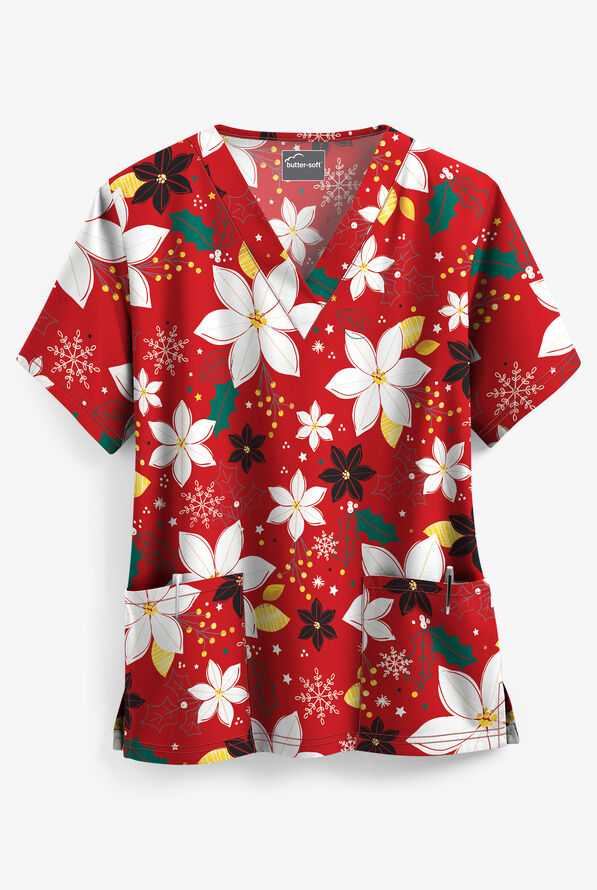 UA Holiday Poinsettia Red Women's 2-Pocket V-Neck Print Scrub Top - null - 1