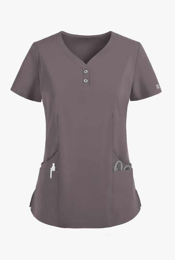 Easy STRETCH Demi Women's 4-Pocket Henley Scrub Top - Grey Stone - 1