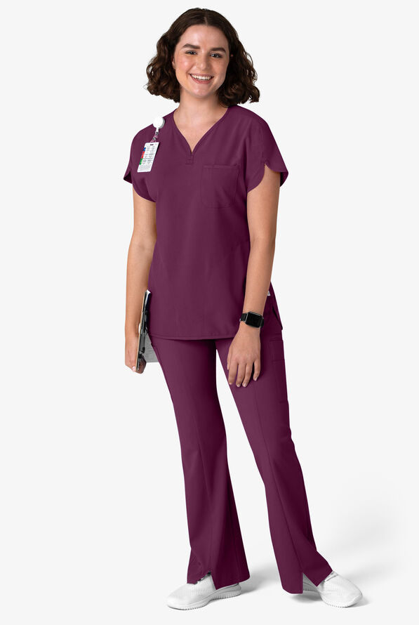 Wink Renew Women's 3-Pocket STRETCH Dolman Notch Sleeve Y-Neck Scrub Top - Wine - 4