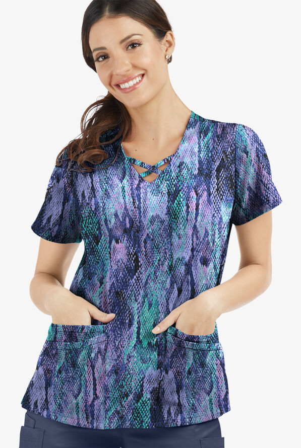 Butter-Soft STRETCH Black Lux Python Women's 4-Pocket Crisscross Print Scrub Top - null - 2
