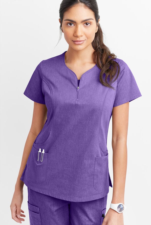 Butter-Soft STRETCH Women's 4-Pocket Curved Neck Zipper Scrub Top - Sparkling Grape Heather - 2