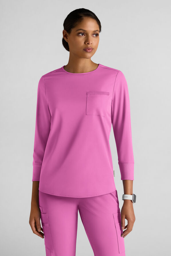 WhisperLite LYRA Women's 2-Pocket STRETCH 3/4" Sleeve Scrub Top - Magnesium Pink - 1