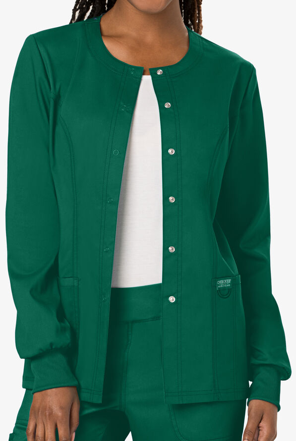 Cherokee Workwear Revolution Women's 3-Pocket STRETCH Snap Front Scrub Jacket - Hunter - 2