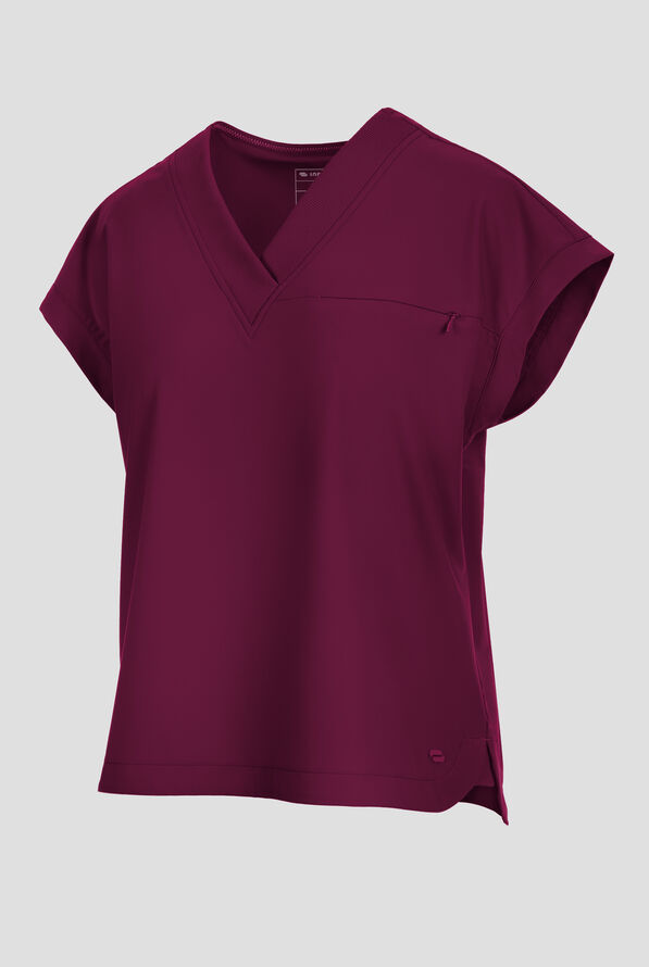 Infinity Pursuit Women's 1-Pocket STRETCH Rib-Knit V-Neck Dolman Sleeve Scrub Top - Wine - 2