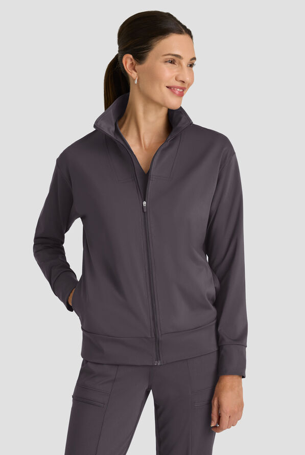 Grey's Anatomy by Barco Knit STRETCH Ease Warm Up Women's 4-Pocket Zip Front Scrub Jacket - Steel Gray - 2