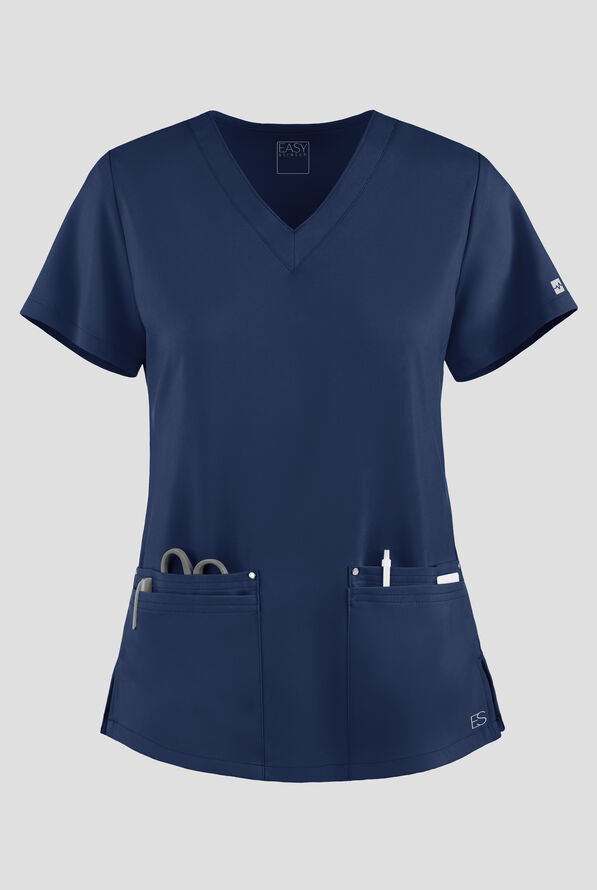 Easy STRETCH Lina Mitered Women's 4-Pocket V-Neck Scrub Top - Navy - 1