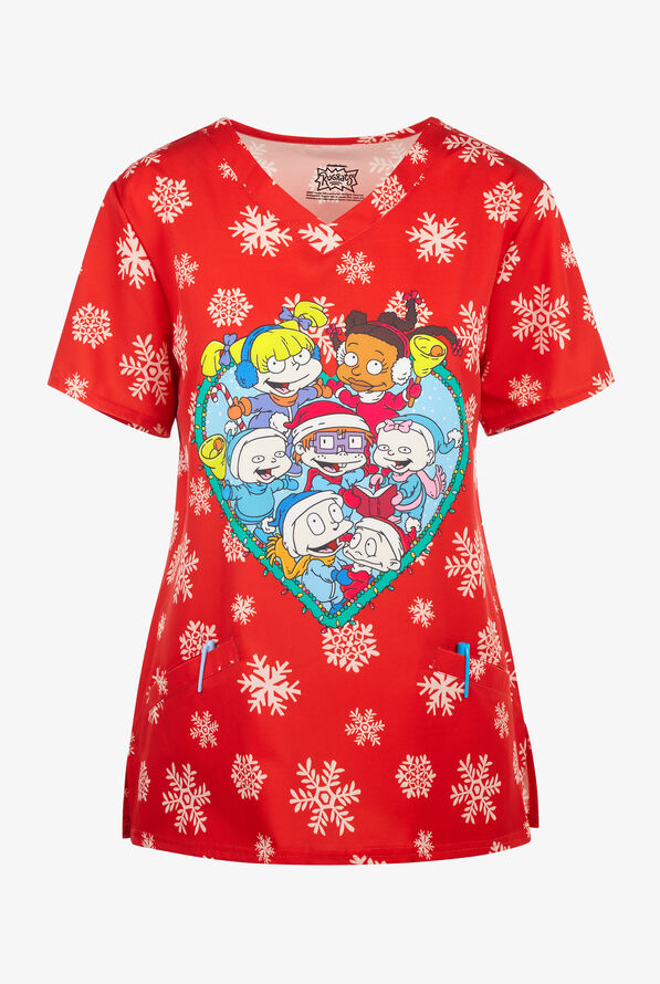 FUNSCRUBS Rugrats Christmas Women's 2-Pocket STRETCH V-Neck Print Scrub Top - null - 1