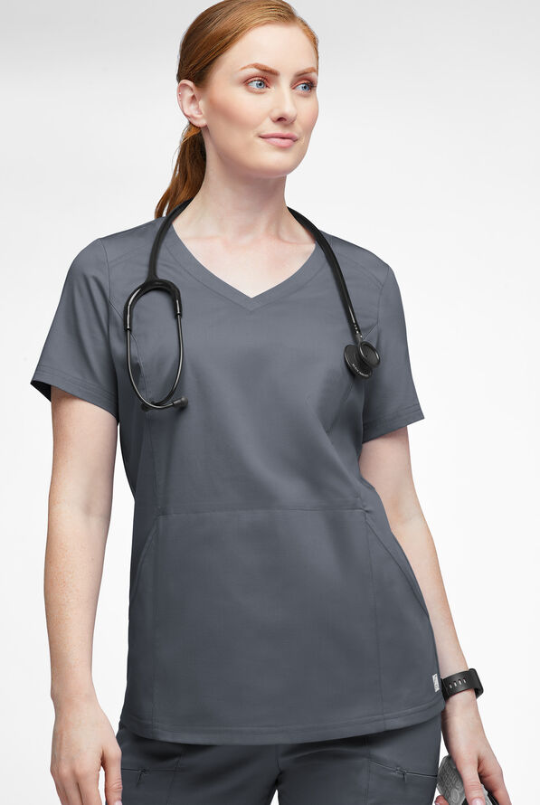 Blusa m&eacute;dica UA Butter-Soft STRETCH con detalle tejido y 3 bolsillos para mujer - Pewter - 3