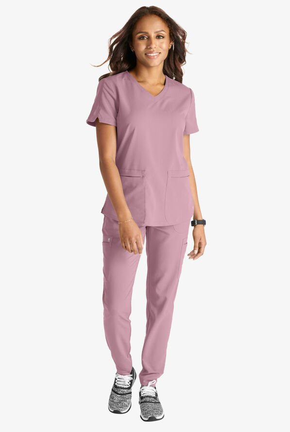 Cherokee Atmos Women's 2-Pocket STRETCH Coolmax V-Neck Scrub Top - Mauve Haze - 4
