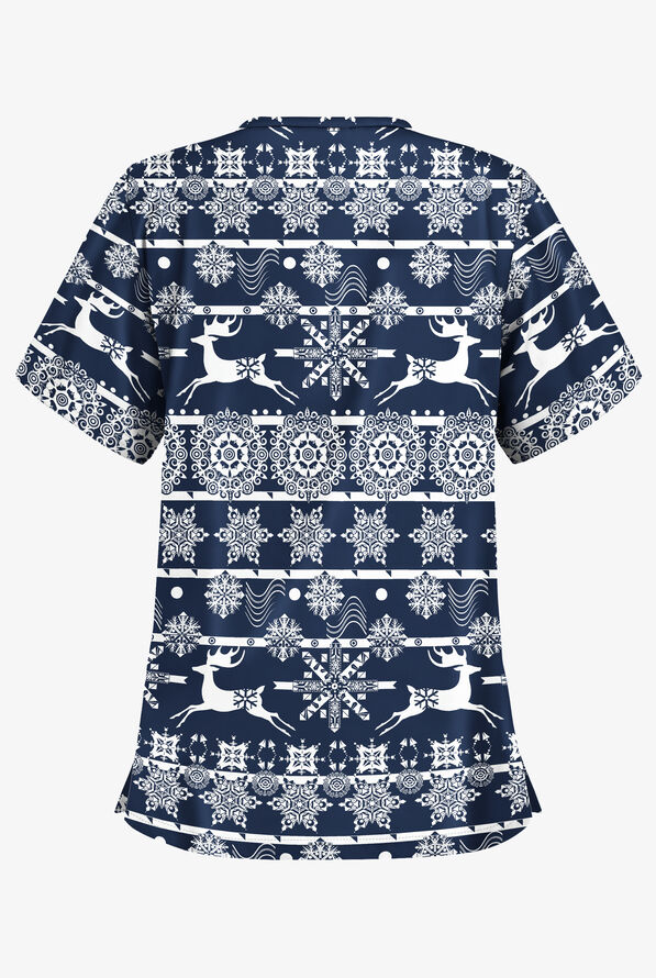 Butter-Soft Nordic Winter Navy Women's 2-Pocket Relaxed Fit V-Neck Print Scrub Top - null - 2