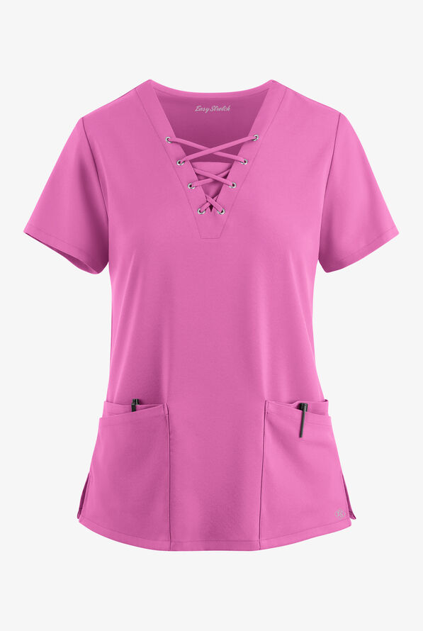 Easy STRETCH Gisele Women's 4-Pocket Lace Up V-Neck Scrub Top - Magnesium Pink - 1