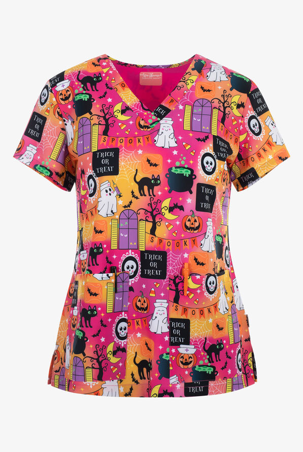 Zavate Ava Therese Frightful Fun Women's 2-Pocket STRETCH V-Neck Print Scrub Top - null - 1