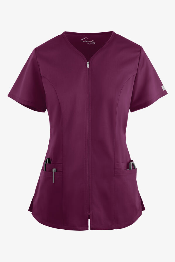 Butter-Soft STRETCH Women's 4-Pocket Smooth Face Zipper Scrub Top - Wine - 1