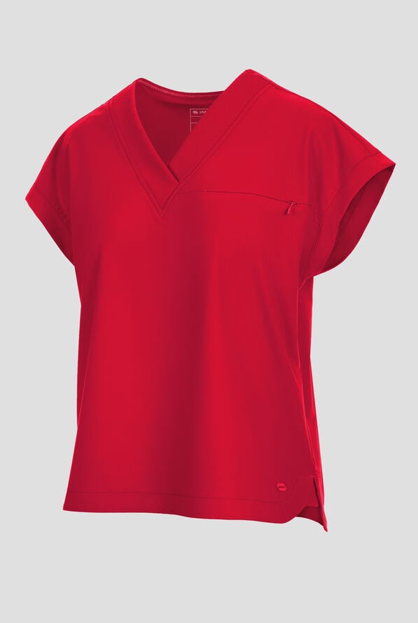 Infinity Pursuit Women's 1-Pocket STRETCH Rib-Knit V-Neck Dolman Sleeve Scrub Top - Cherry Pop - 2